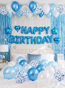 Blue Birthday Party Decorations Happy Birthday Banner Sky Blue Fringe Curtain Foil Tablecloth Heart Star Confetti Balloons Table Confetti for Birthday Party Backdrop Decor