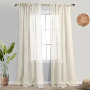 KOUFALL Cream Beige Sheer Curtains 84 Inches Long,Linen Look Semi Light Filtering Shabby Chic Curtains for Living Room Bedroom