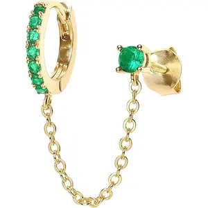 earring women “Green & Glow” Ear Stack | 14K Gold Plated Emerald Drop & Pearl Stud, Double Piercing Set, Trendy Valentine's Jewellery