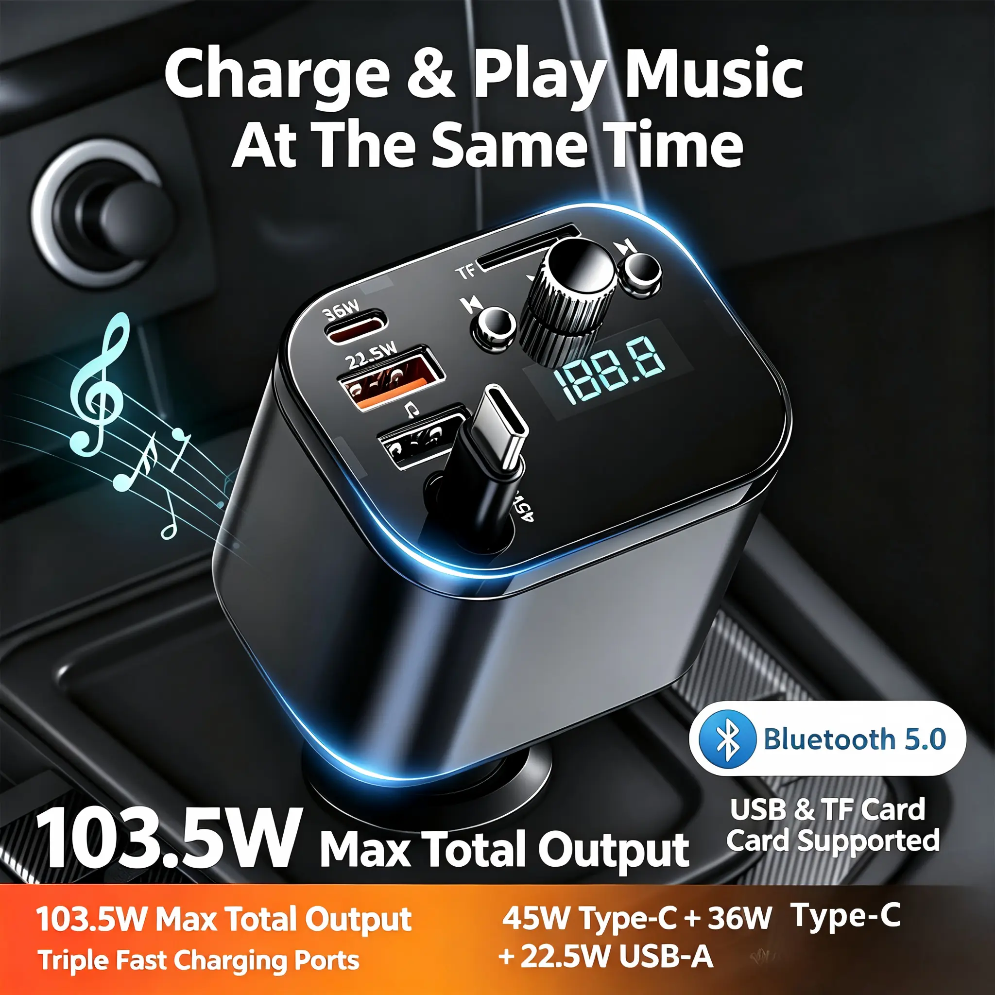 Update 5-in-1 Bluetooth 5.0 Car FM Transmitter, 103.5W Max Total Output Fast Car Charger with 45W+36W Type-C & 22.5W USB-A, Hands Free Calling, U Disk TF Card Player, 12V-24V Car Battery Voltage Monitor