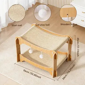 2-Tier Wooden Cat Scratcher Bed, Wear-Resistant Sisal Cat Scratching Board with Interactive Hanging Balls, Double-Decker Cat House for Rest & Play, Anti-Tip Furniture Protection Cat Scratcher for Indoor Small Medium Adult Cats & Multi-Cat Households