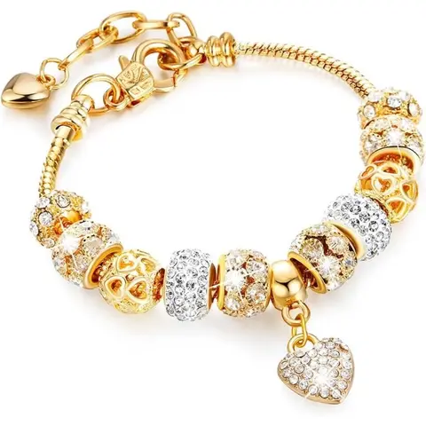 Women's Gold Luxe Beaded Charm Bracelet - Adjustable Alloy Steel Bangle with Beading Pattern, Rhinestone Heart, Cubic Zirconia, Bedazzling Bling, Everyday Chic Arm Candy Luxury Costume Jewelry