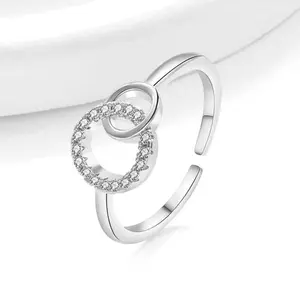 Interlocking Circle Anxiety Ring for Women, Adjustable Open Cuff Copper Ring with Sparkling Zircon, Fidget Stress Relief Jewelry for Daily Wear