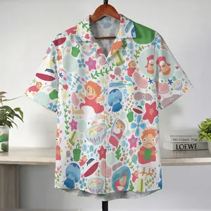 Studio Ghibli Ponyo & Sosuke Hawaiian Shirt - Adorable Fish Girl & Sea Life Print Aloha Shirt - Stylish Short Sleeve Button Up for Anime Fans, Summer Beach & Casual Resort Wear
