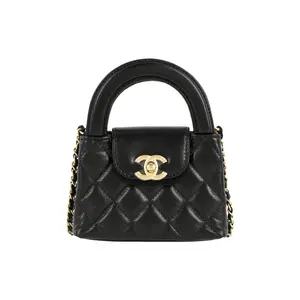Chanel 23K Kelly Gold Label Quilted Chain Handle Mini Shopping Bag in Black Calfskin with Gold Hardware for Women