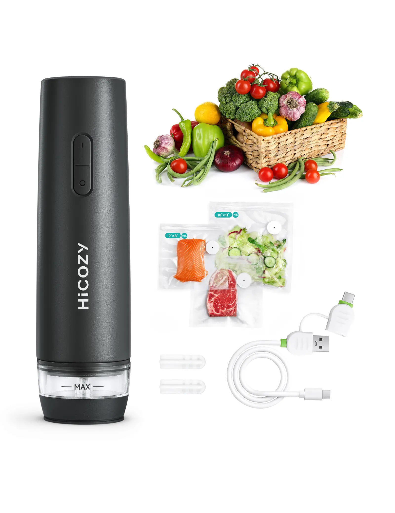 HiCOZY Compact Vacuum Sealer for Food with Visible Water Tank, Portable Handheld Vacuum Sealer Machine with 30 BPA-Free and Reusable Bags, One Press to Seal Fresh, Phantom Gray