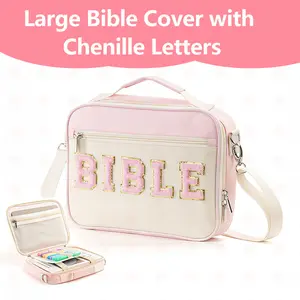 Bible Cover with Chenille Letter Patches Scripture Carrying Case with Adjustable Shoulder Strap | Preppy Aesthetic Church Bag for Women Sunday School Study Organizer Internal Storage Pockets Mother's Day Essentials Gift