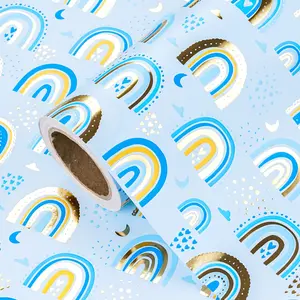 Metallic Gold Foil Rainbow Gift Wrap Paper, Cute Moon and Heart Theme, Baby Shower, Birthday Party, DIY Craft Decor, 43.2cm X 500cm
