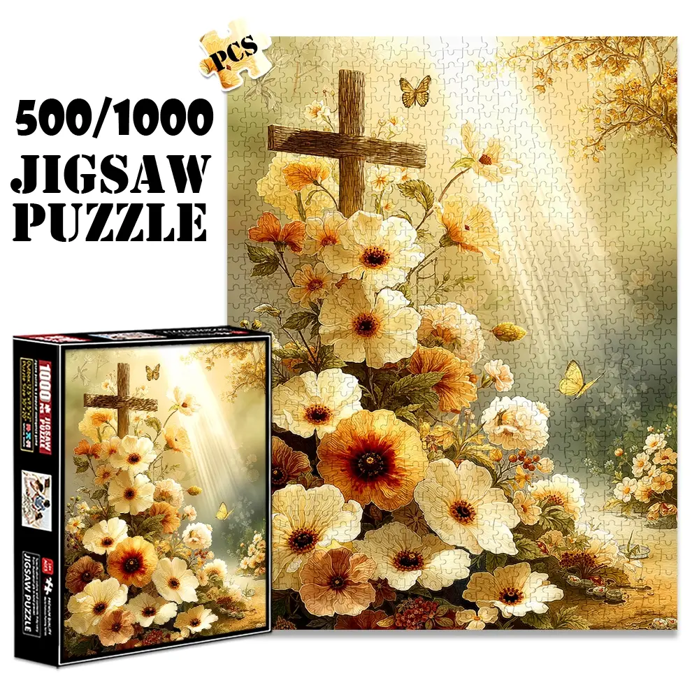 1pc 1000 piece adult puzzle 70x50cm Cross with Floral Arrangement and Butterflies 500 pieces paper jigsaw puzzle suitable for DIY creative games for adults and families, birthday and holiday stress r Art Puzzles Gift
