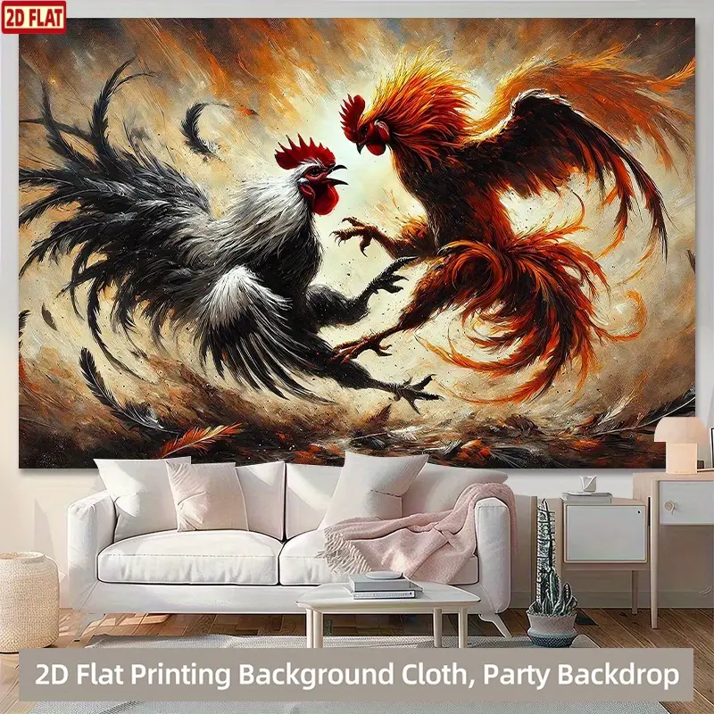 2D Flat, 1pc Printing Backdrop Banner, Roosters Fighting In The Air Polyester Background Cloth, Multipurpose Backdrop Fabric Wall Covering, for Living Room Office Home Decor/ Outdoor Decor/ Party Deco, Holiday Gif, Home Decor Supplies, Decoration Items