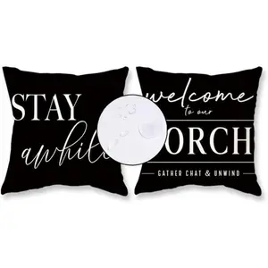 Outdoor Pillow Covers  18x18 Set of 2 Black and White Decorative Welcome to Our Porch Stay Awhile Cushion Cases for Patio Furniture Sofa Couch Decor
