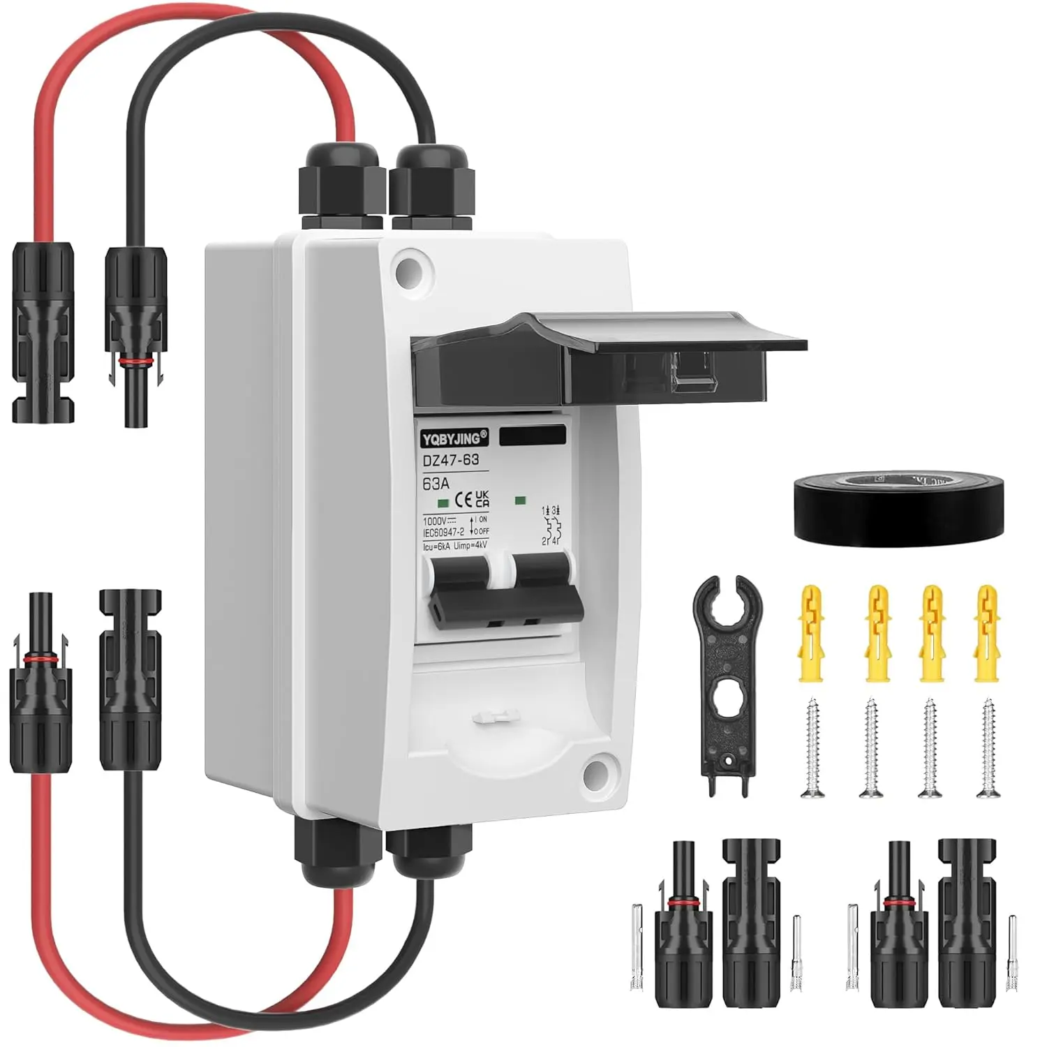 Solar Panel Disconnect Switch 63 Amp DC Miniature Circuit Breaker 1000V 2 Poles with PV Connector and IP65 Waterproof UV-Proof Box for Outdoor Solar PV Homes Battery