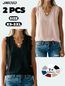 Jxgogo 2-Piece Summer Fashion Lace Tank Tops, V-Neck Sleeveless Daily Casual Wear, Sexy Loose-Fitting Compression Clothing