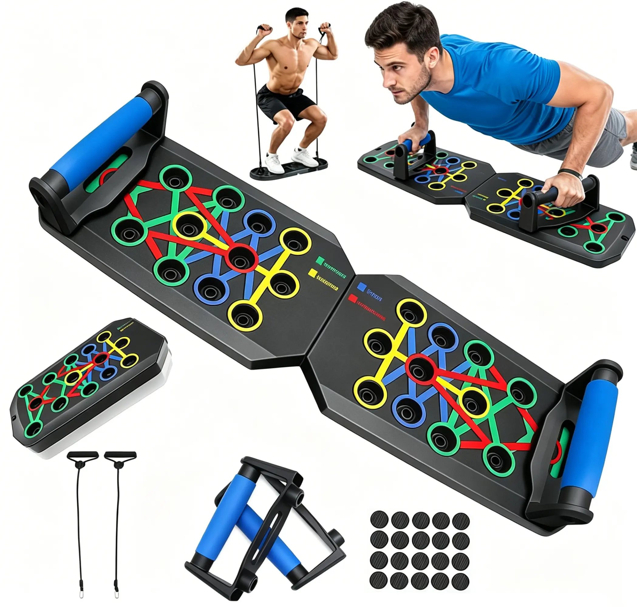 Ergonomic Plastic Push-Up Board Fitness Kit - Push Up Stand, 28 Holes, 500 lbs Load Capacity, Color-Coded Zones, Guided Rep Levels, Folding, Easy to Carry & Store, Home Workout Gear, Resistance Band, Upper Body Toner, Unisex Strength Training Equipment
