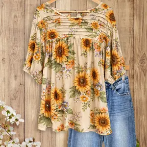 Sage Vell 2026 Summer Women Sunflower Print Puff Sleeve Blouse Casual Loose Fit Tie Back Pleated Front Shirt Vintage Floral Boho Top Breathable Tunic for Daily Vacation Beach Office Ladies Elegant Country Western Blouse