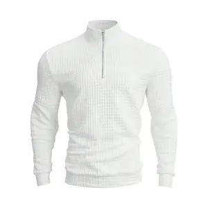 Men's White Waffle Half-Zip Stand Collar Sweatshirt with Three-Dimensional Plaid Texture Soft and Delicate for Autumn Winter Casual Wear Menswear