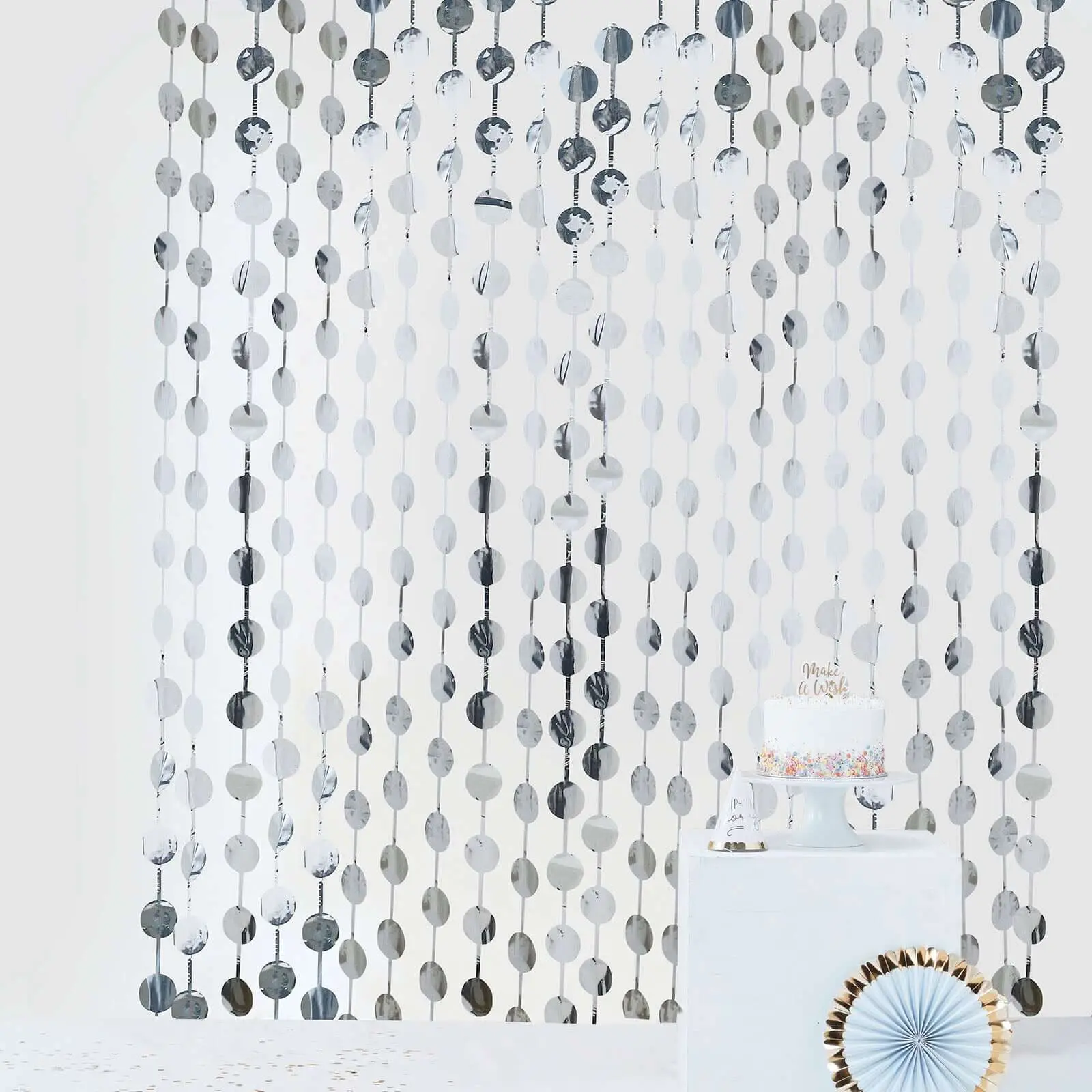 Metallic Silver Round Chain Foil Fringe Curtain Party Backdrop, Tinsel Streamer Decor with Stick for Christmas, Engagement, Baby Shower, New Years Eve - 3ftx6.5ft Door Window Curtain