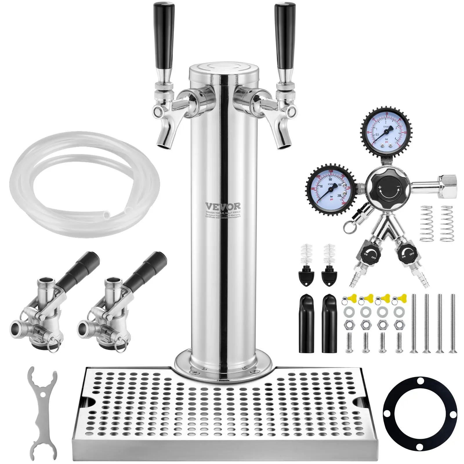 【fathersdaygift】VEVOR Kegerator Tower Kit, Summervibes, Dual Taps Beer Conversion Kit, Stainless Steel Keg Beer Tower Dispenser with Dual Gauge CGA320 Regulator & D-System Keg Coupler, Beer Drip Tray for Party Home