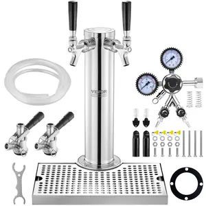 【fathersdaygift】VEVOR Kegerator Tower Kit, Summervibes, Dual Taps Beer Conversion Kit, Stainless Steel Keg Beer Tower Dispenser with Dual Gauge CGA320 Regulator & D-System Keg Coupler, Beer Drip Tray for Party Home