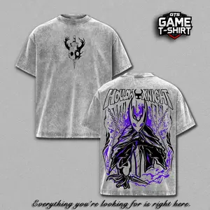 Hollow Knight Graphic Tee Vintage Washed Oversized Heavyweight T Shirt | Dark Indie Game Streetwear Shirt | Gothic Knight Aesthetic Large Back Print Tee | Heavy Cotton Unisex | Gamer Outfit Streetwear | Gift For Hollow Knight Fans