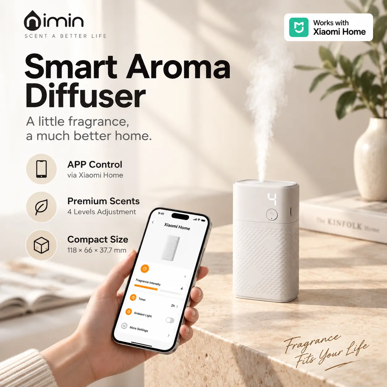 Nimin V06 Smart Rechargeable Aroma Diffuser - Aromatherapy for Home, Xiaomi Home App Control, Cordless-Plug-In Dual Use, Automated Aromatherapy, 360° Omnidirectional Diffusion, Timer, Auto-Shutoff Scented Oil Diffuser for Bedroom, Living Room