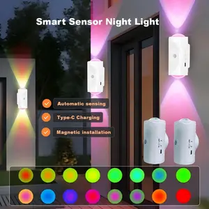 2 Pack Smart LED Night Light with Motion Sensor, RGB Gradient Dimmable Wall Lamp, USB Rechargeable Indoor Ambient holiday Lighting, Magnetic Step Lamp ideal for Entryway, Beside, Desk, Operated for Hallway Stairs Bedroom, Lampu gift magnetic decorative la