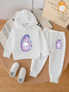 Girls Long Sleeve Fleece Hoodie Set, Cute Anime Character Print, Comfortable Matching Joggers, Fall & Winter Casual Wear