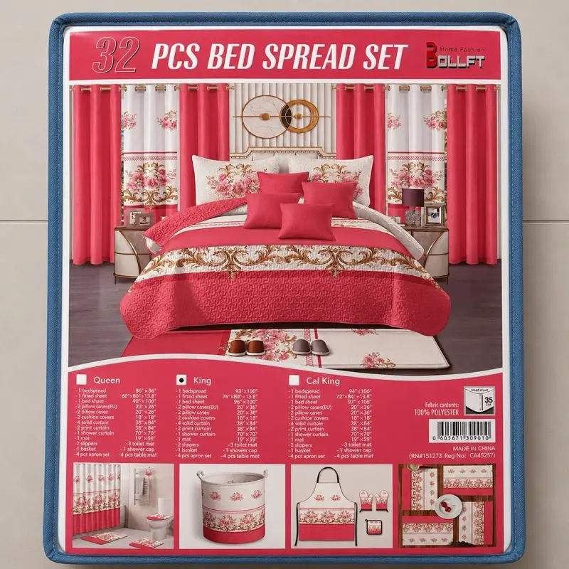 32 PCS Bed Spread Set with Curtains, Shower Curtain & Bathroom Accessories – Floral Bedding Set – Queen/King/Cal King
