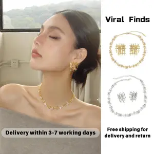 Niche Retro Woven Gemstone Earring Set, 2025 New Light Luxury Choker Collarbone Chain