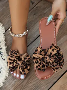 Women's Fashion Leopard Print Bowknot Design Flat Sandals, Bohemian Trending Sandals, Casual Comfortable Sandals for Summer, Female All-match Sandals for Daily Wear