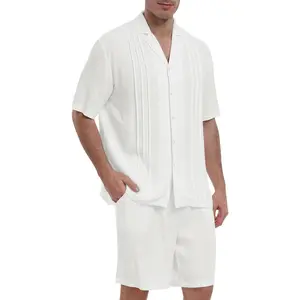 MoFiz Men's Linen Sets 2 Pieces Summer Vacation Party Beach Outfits Short Sleeve Button Down Shirts and Pants Set