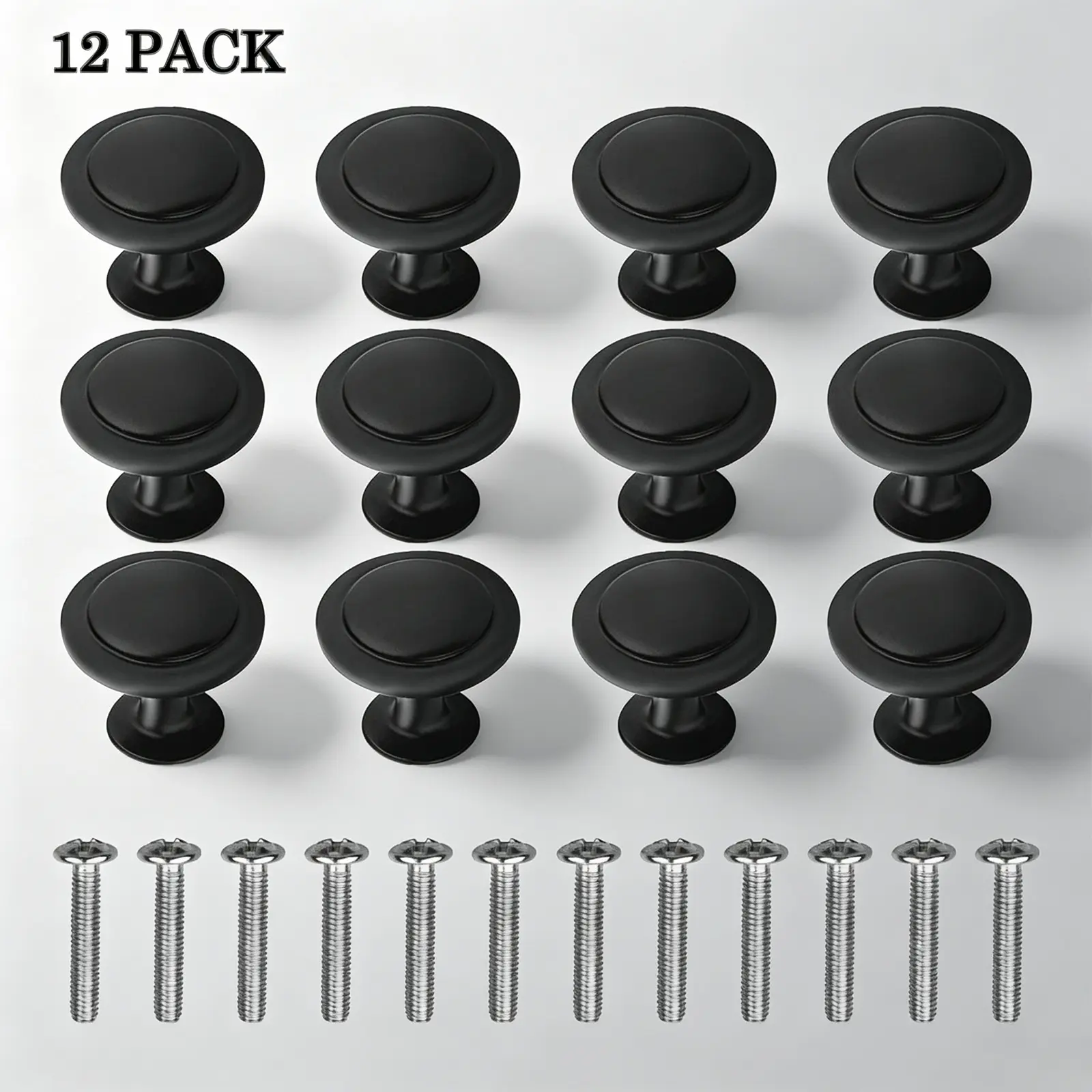 12Pack Alloy Round Cabinet Hardware Knobs + Screws, 1.1'' Matte Black Flat Pulls Knob Modern Style with Screws for Kitchen Drawer Dresser Cupboard Door Handles Matte Cabinets Pull Bathroom