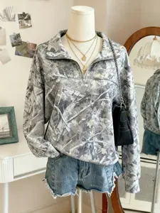 Women's Street Vintage Tree Camo Full Print Half Zip Long Sleeve Hoodie Sweatshirts, Loose Fit Drop Shoulder, Fall & Winter Casual Wear