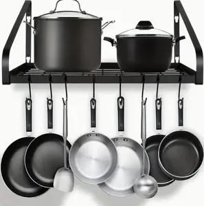 1 Set Hanging Pot Rack, Pot And Pan Organizer Wall Mounted Pots Holder Kitchen Storage Shelf With 8 Hooks, Ideal For Pans Set, Utensils, Cookware, Books, Household, Black, Kitchen Accessories