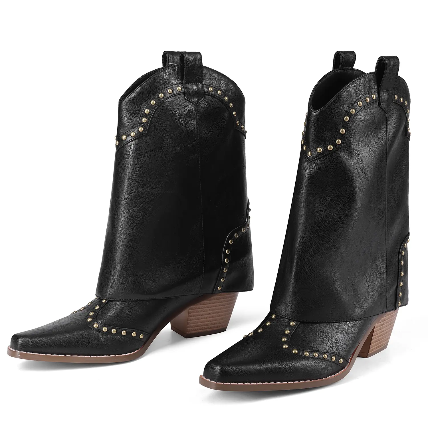 RONILURN Shark Boots Fold Over Cowboy Boots Cowgirl Ankle Chunky Heel Snip Toe Pull On Studded Boots for Women Versatile Design Comfortable Cowboyboot Beige