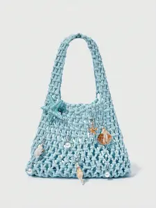 Seaside style fashionable retro atmosphere woven tote bag, decorated with starfish, shells, pearls, large storage capacity, suitable for vacation and leisure style, suitable for daily travel and dating Handcrafted Bag