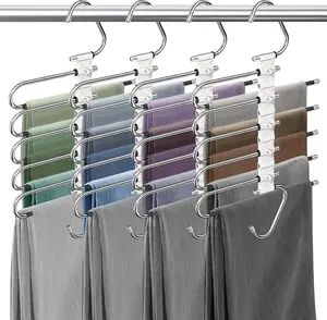 5/9 layer spacesaving closetsaver,9-Tier Stainless Steel Trouser Rack, Space Saving Clothes Hanger with Non-Slip Coating and 5 Extra Hooks - Perfect for Leggings, Jeans, Scarves, Skirts | Compact Closet Organizer, Storage Hooks, percher opara pantalones