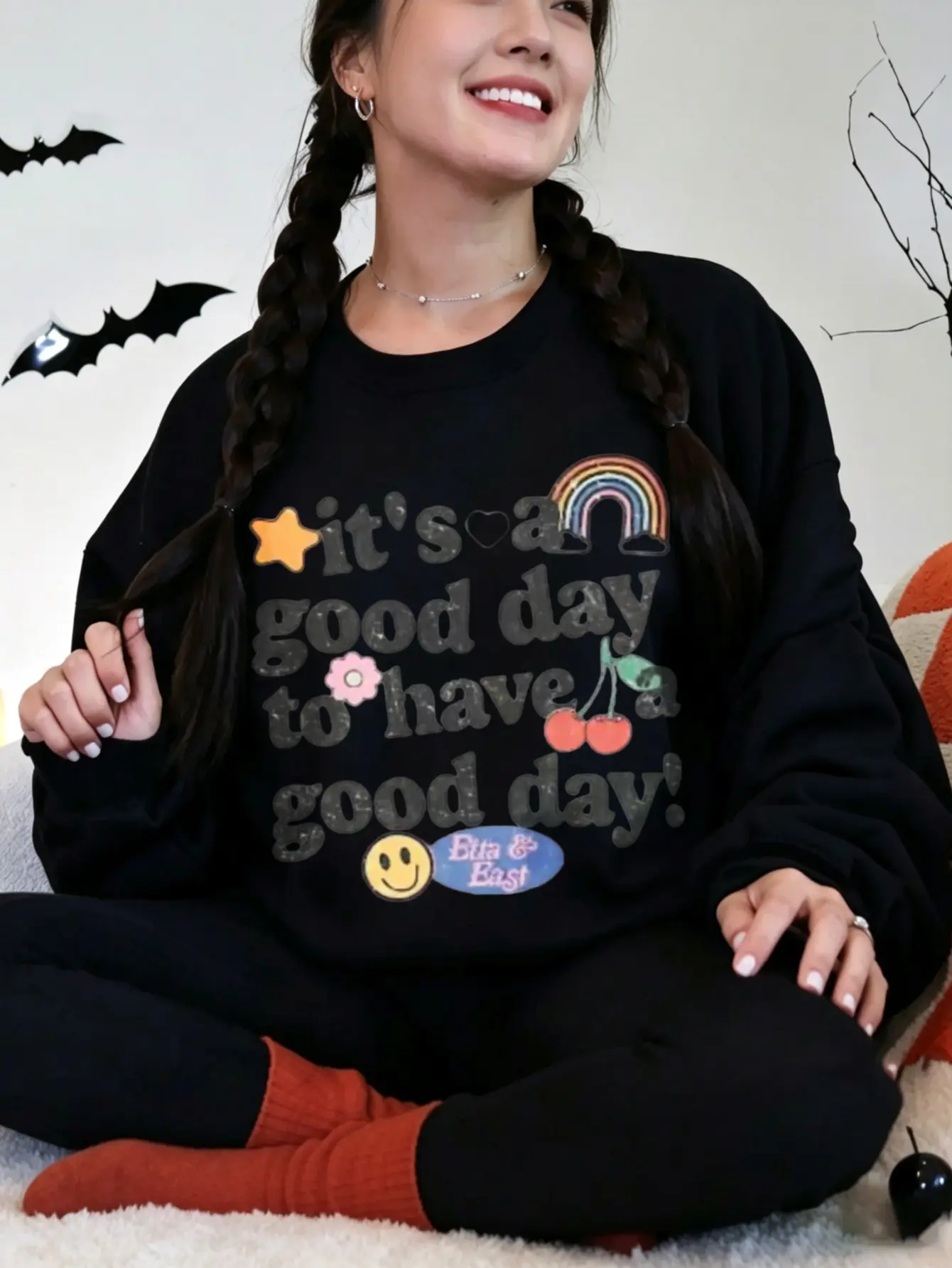 Women's Casual Round Neck Crew Neck Trendy Sweatshirt - Gildan Vintage Good Day Positive Fall Retro Rainbow Cherry Smile Face Motivational Oversized Cotton Poly Medium Length Tops, Cold Wash Friendly