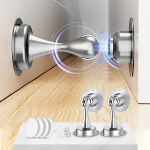 2-Pack Magnetic Door Stoppers – Stainless Steel, No Drilling Wall/Floor Mount with 3D Adhesive Tapes, Silver