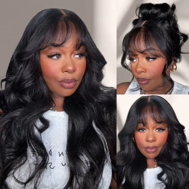 UNice Glueless Middle Part Fluffy Loose Wave Lace Frontal Wig with Wispy Air Bangs, 13x4 HD Lace Human Hair Wig with Bleached Knots, Easy Installation, Natural Hairline Scalp, Summer Use, Wigs Human Hair