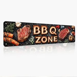 BBQ Zone Rustic Retro Aluminum Metal Sign - 4x16 Inch Grilling Steak Wall Decor for Backyard Patio Man Cave Barbecue Area - Vintage Gift for Grill Masters BBQ Lovers & Outdoor Cooking Enthusiasts