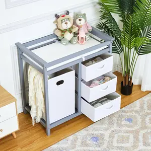 Wooden Baby Changing Table, Infant Diaper Changing Station Dresser w/Laundry Hamper, 3 Drawer Basket & Changing Pad