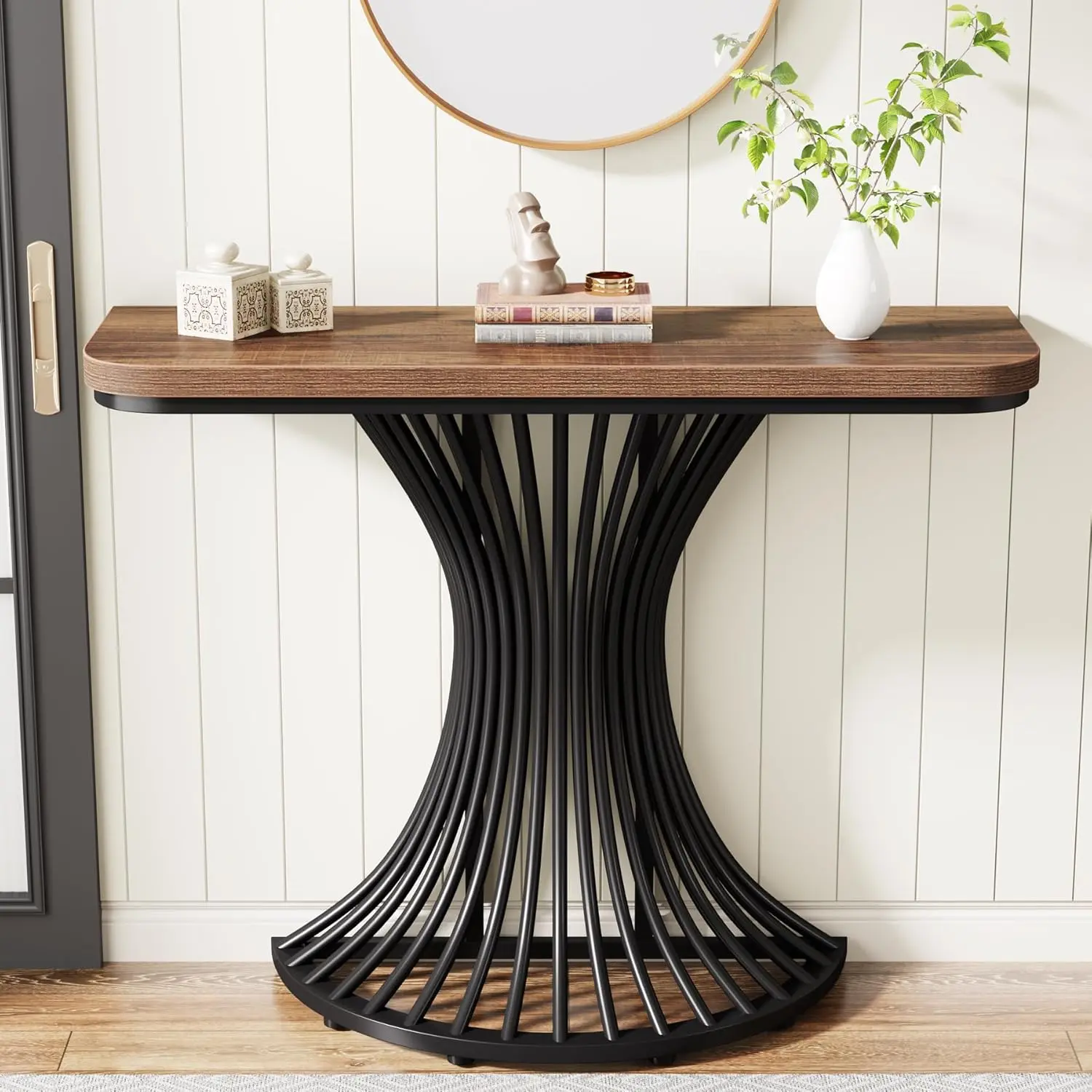 LITTLE TREE Console Table, Industrial Entryway Table with Geometric Metal Base, 39-Inch Small Sofa Accent Table for Entrance, Living Room, Hallway