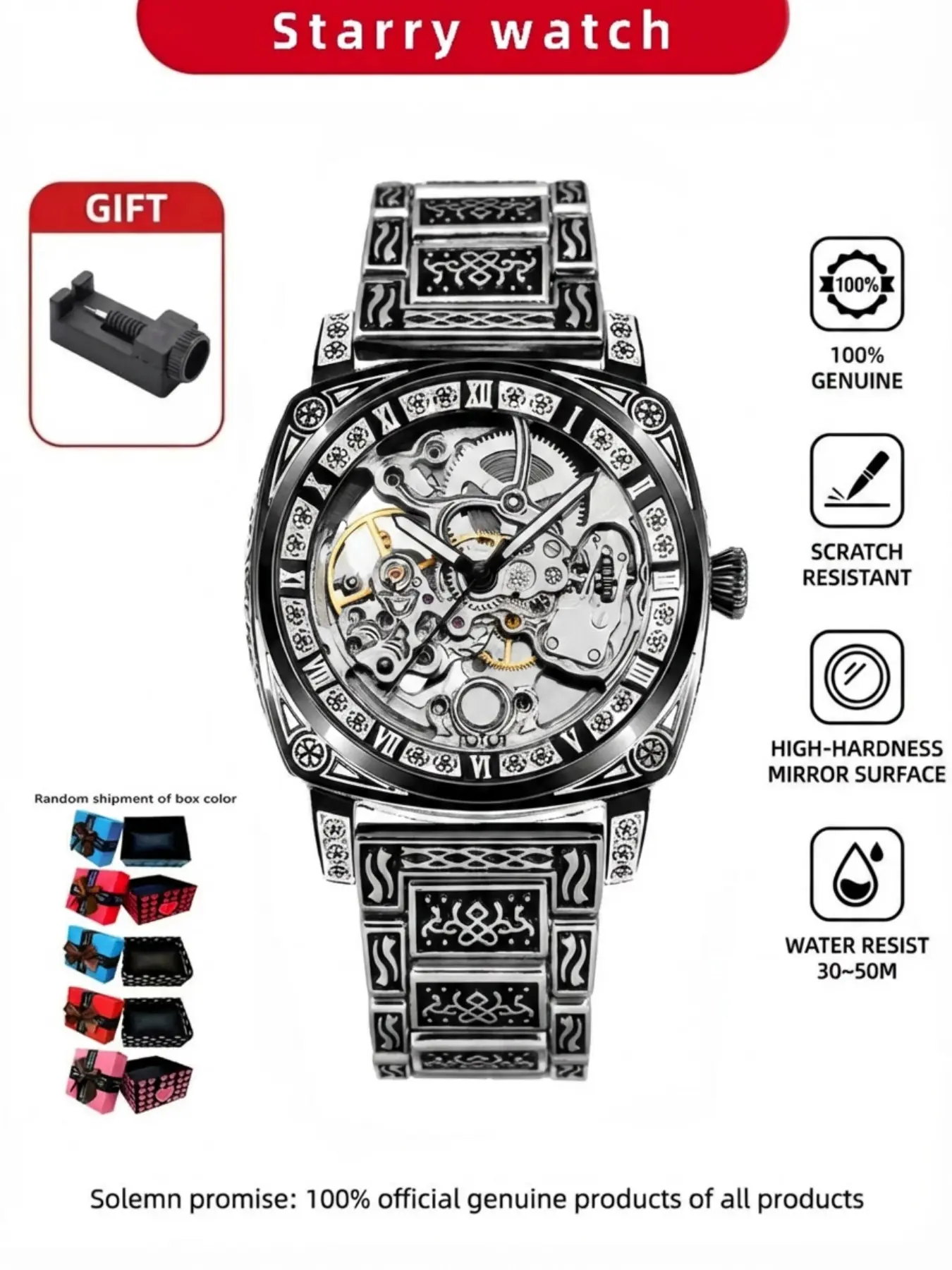 Men's Vintage Oil Carved Watch, Night Light Fashion Hollow Automatic Sports Mechanical Wristwatch, Classic Analog Face, Alloy Case