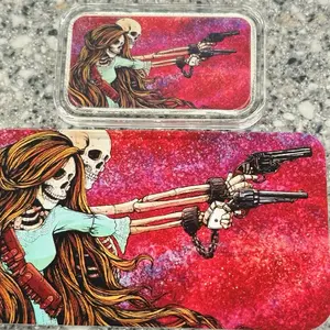Death Do Us Part 1 Oz 999 Silver Colorized Art Bar Featuring Unique Skeleton Design and Gun Motif