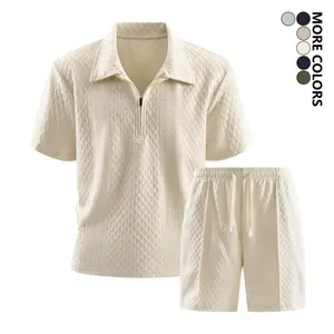 Two-piece men’s summer lightweight breathable casual solid jacquard short-sleeve T-shirt and shorts set; short-sleeve T-shirt with zipper design; suitable for outdoor sports and business casual wear; simple and easy to match,Summervibes