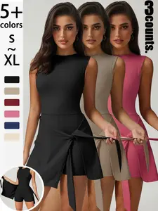 2026 New Women's Sporty Tennis Dress, 3pcs/1pc High Elastic, Sleeveless, Outdoor Sports, Golf Tennis, Fashionable, Casual Wear, Sleeveless Athletic Dress