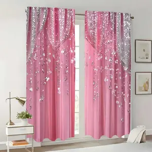 2 pieces of pink crystal sequin printed curtains, Home Decorative Curtain, made of polyester, creating a gentle and sweet atmosphere, suitable for bedroom with a girlish style, princess room and other home decorations
