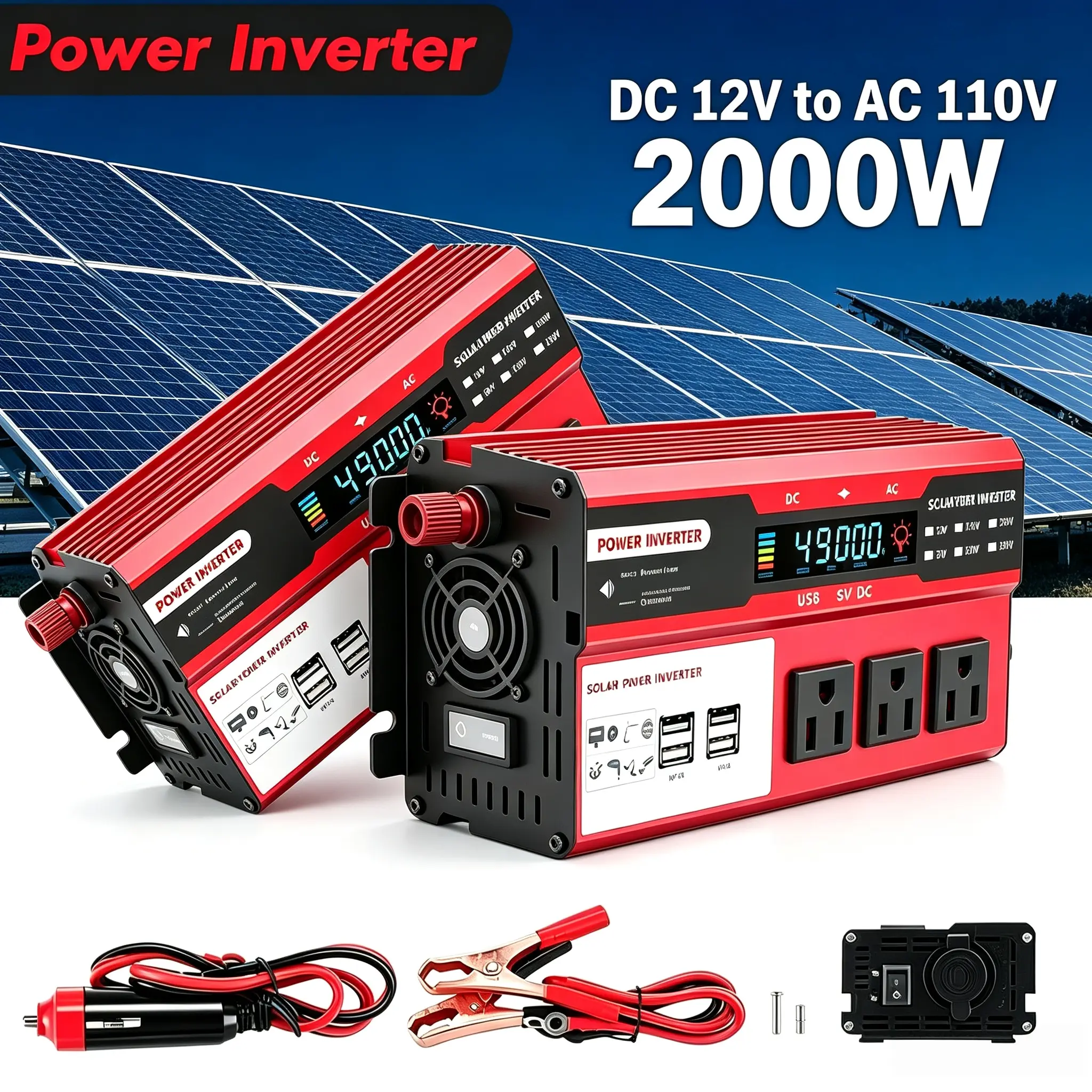 Car Inverter 2000W Peak Power, DC 12V to AC 110V Vehicle Power Converter, Built-in Cooling Fan & LCD Voltage Screen, Multiple Safety Protection, No Battery Included for RV, Truck and Home Emergency Use