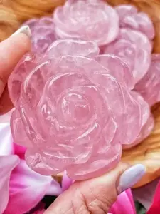 1pc Hand Carved Rose Quartz Flowers - Elegant floral decoration with soft pink to white gradient, natural stone carving，Unique Specimen for Collectibles and Educational Use